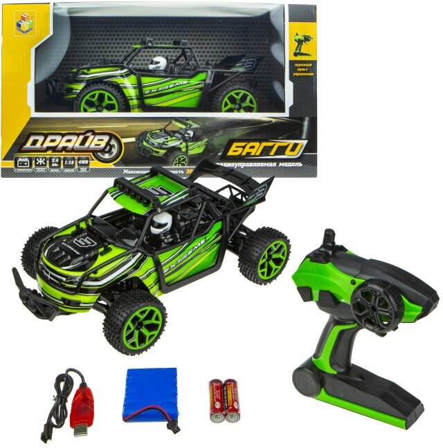 Машинка 1toy Драйв, на р/у, 2,4GHz, 4WD, скорость до 20км/ч, свет, курковый пульт, с АКБ 700mAh Ni-CH, зеленый