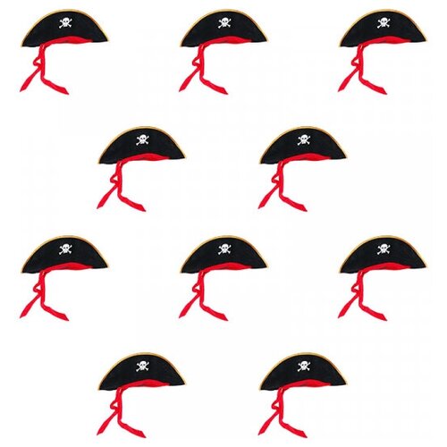 Шляпа пирата Пиратская треуголка с красной лентой с черепом (Набор 10 шт.)