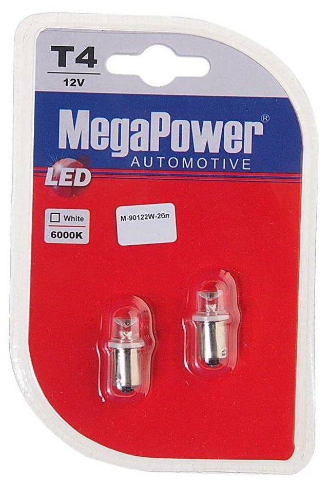 Лампа автомобильная светодиодная MegaPower M-90122W-2бл T4 12V BA9s/14 2 шт.