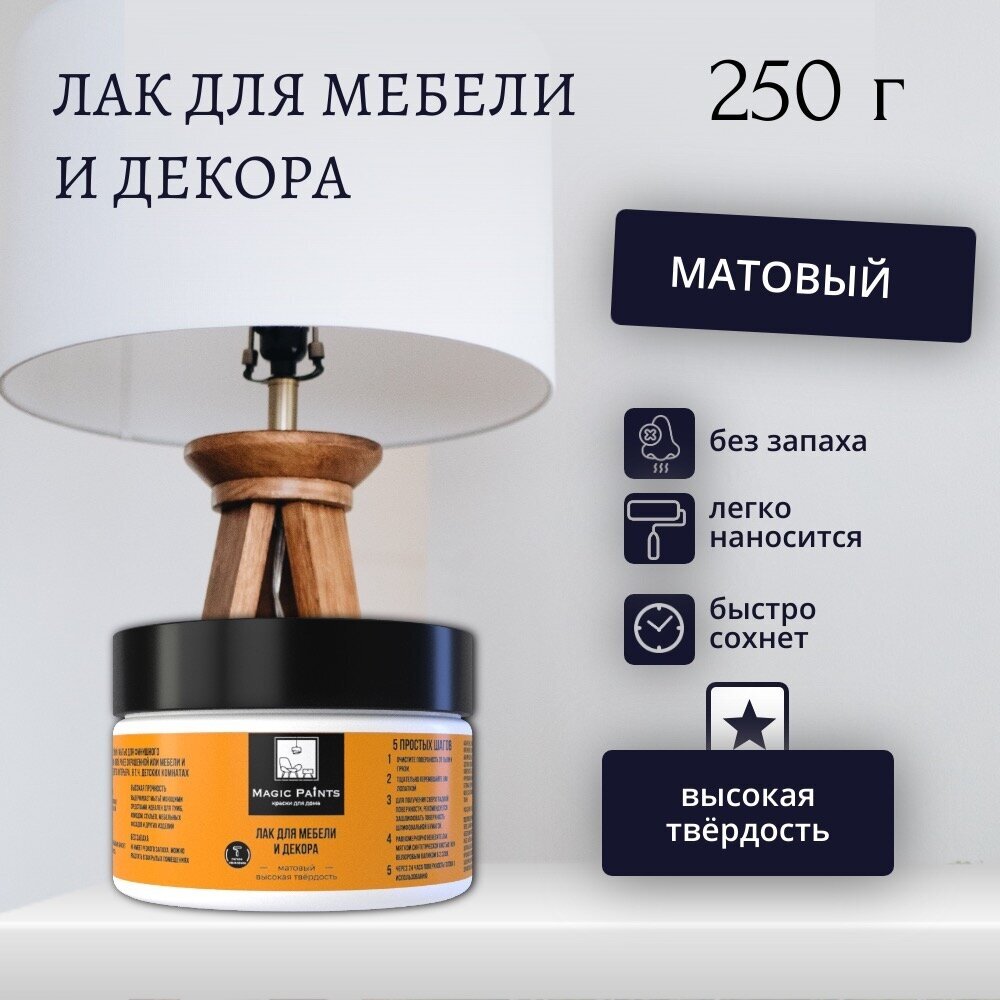 Лак для мебели и дерева акриловый износостойкий матовый бесцветный Magic Paints, 0.25 кг