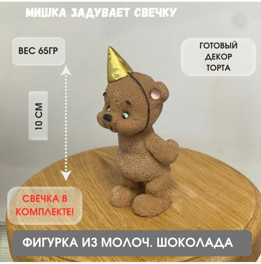 Фигурка из молочного шоколада. Мишка задувает свечку. Украшение на торт. Декор для торта.