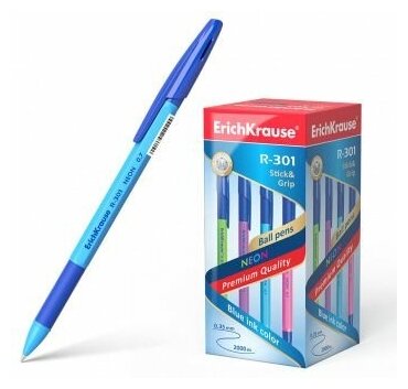 Ручка Erich Krause шариков. R-301 Neon Stick&Grip (42751) ассорти d=0.7мм син. черн. линия 0.35мм резин. манжета