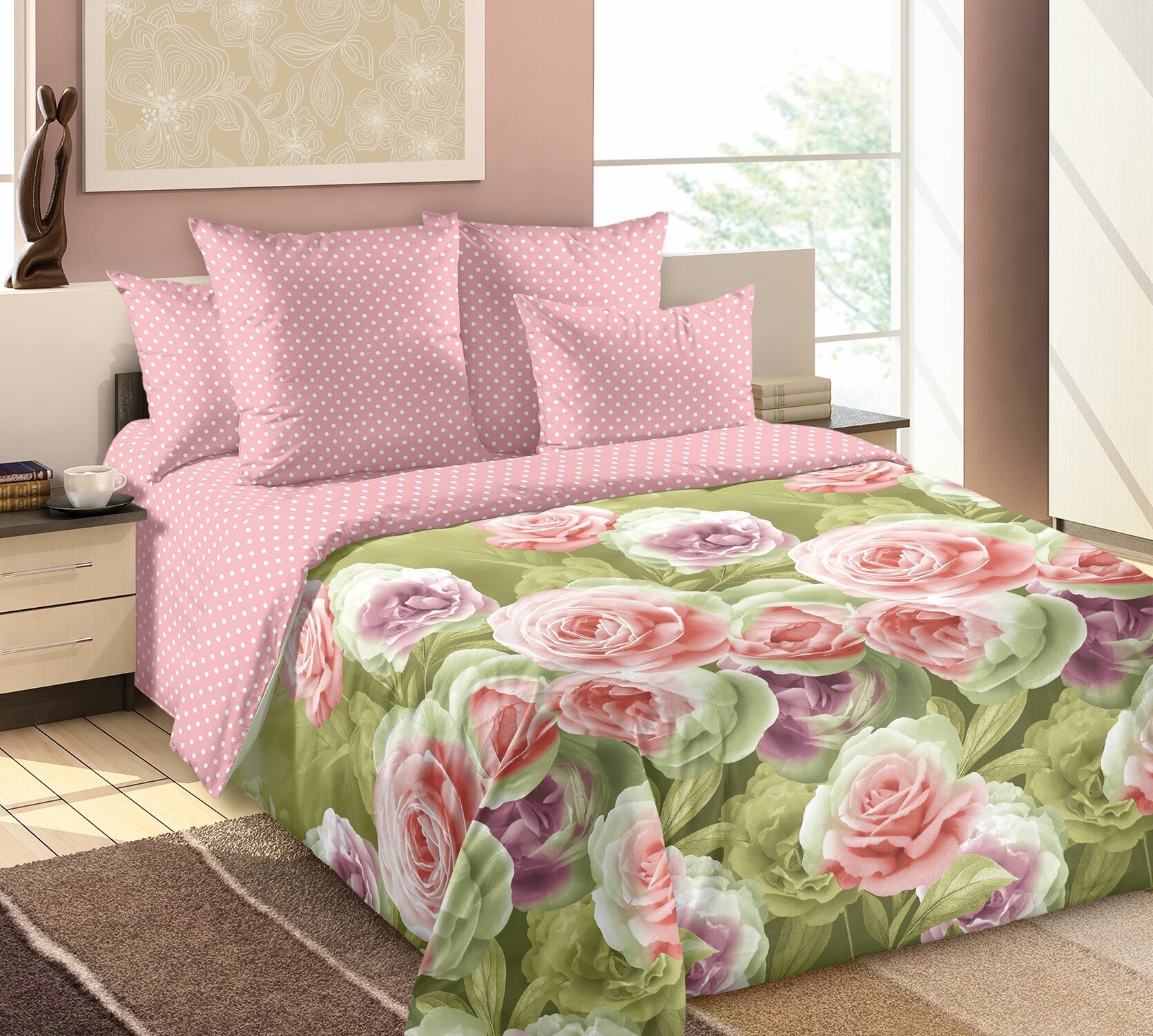 Постельное Белье Евростандарт Перкаль "Взаимность розово-зеленый 4250ПН" (цветы, горошек)