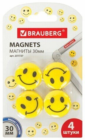 Магниты диаметром 30 мм, комплект 4 штуки, "смайлики", желтые, в блистере, BRAUBERG, 231727
