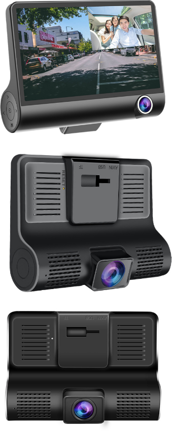 Автомобильный видеорегистратор c тремя объективами / Full HD 1080P / 4-дюймовый LCD дисплей / G-сенсор / WDR / Камера заднего вида для парковки