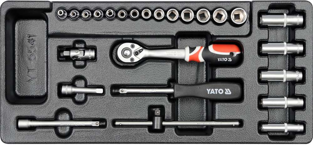 YATO YT-5541 набор инструментов ложемент, 25 пр: трещотка 1 / 4, головки, удлинители, кардан,