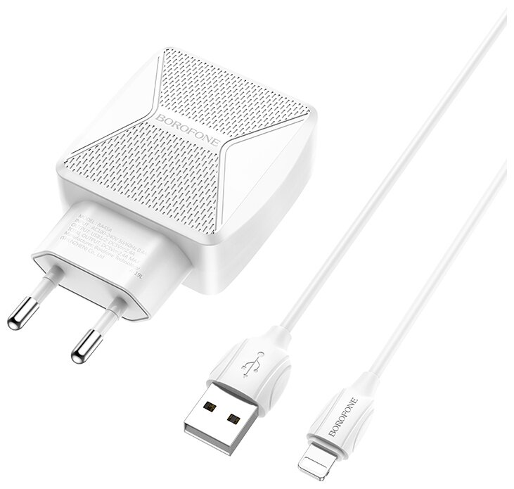 Зарядное устройство BOROFONE BA45A Max 2*USB + Кабель USB-Lightning, 2.4A, белый