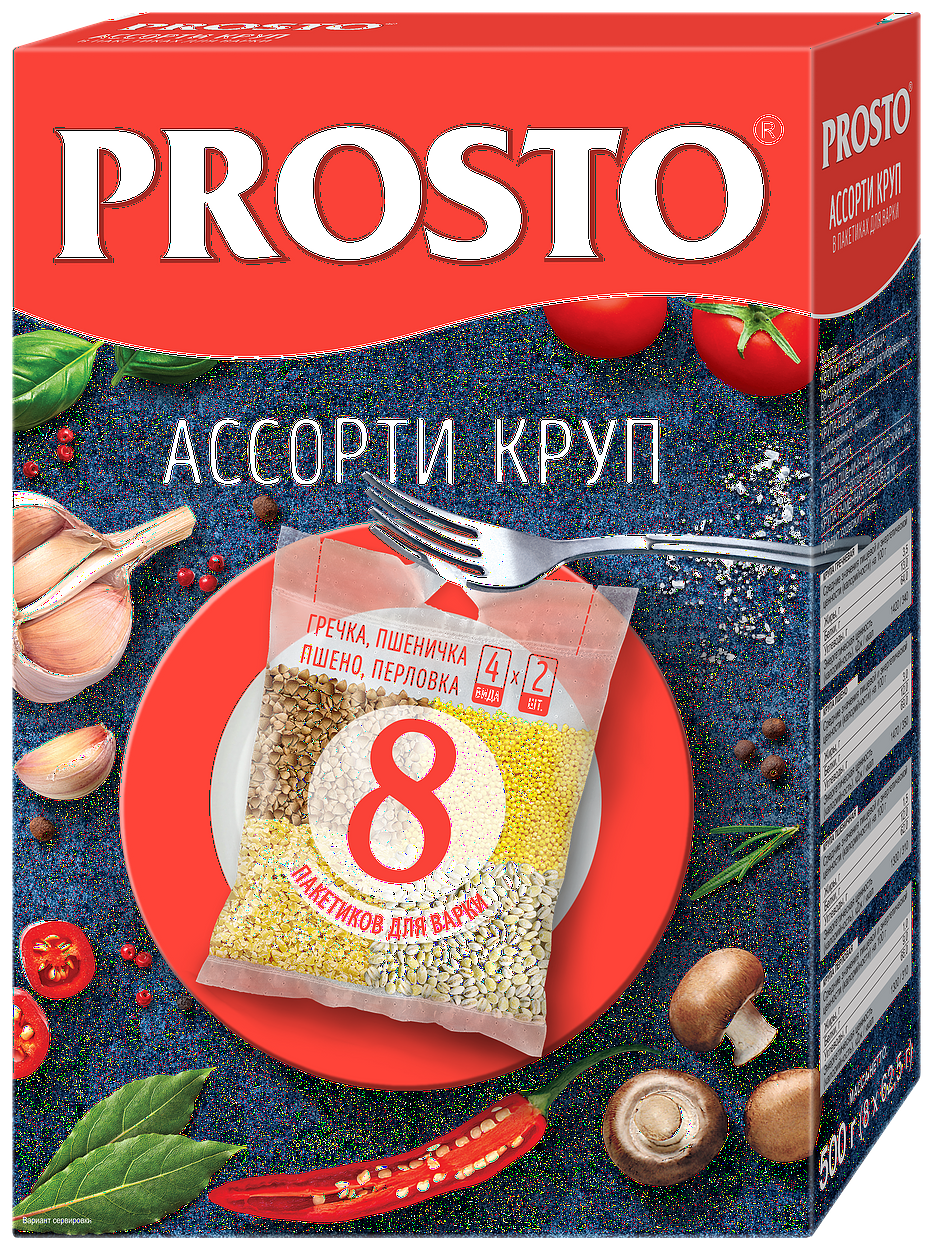 Ассорти круп гречневая, пшено, пшениная, перловая Prosto 500г, 8 пакетиков х 62,5г