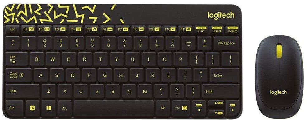 Периферийные устройства Logitech Комплект (клавиатура+мышь) Logitech MK240, USB, беспроводной, черный и жёлтый (Только английская)