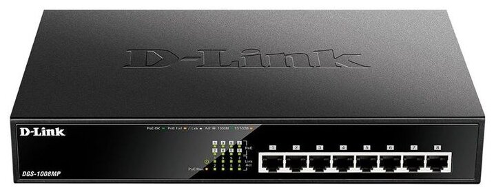 Коммутатор D-Link DGS-1008MP/B1A Неуправляемый коммутатор с 8 портами 10/100/1000Base-T с поддержкой PoE 802.3af/802.3at (30 Вт, PoE?бюджет 125 Вт), ф