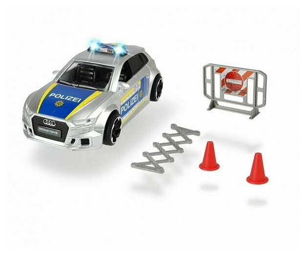 Dickie Дикки Полицейская машинка Audi RS3 1:32 с аксессуарами, свет, звук, фрикционная, 15 см 371301