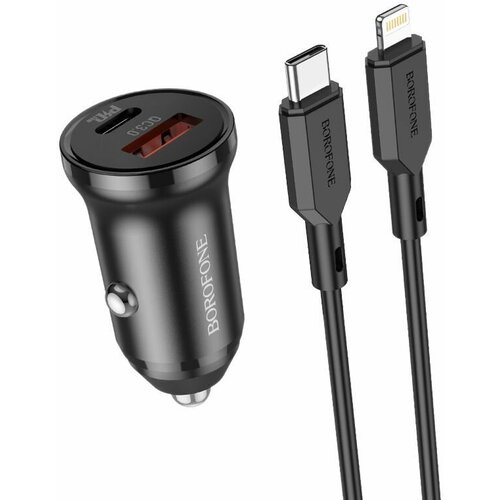 Зарядное устройство автомобильное USB + кабель iOS Lightning - Type-C (PD20W+QC3.0, 3000mA) BOROFONE BZ18A Черное зарядное устройство автомобильное usb кабель ios lightning type c pd20w qc3 0 3000ma hoco z46a серый