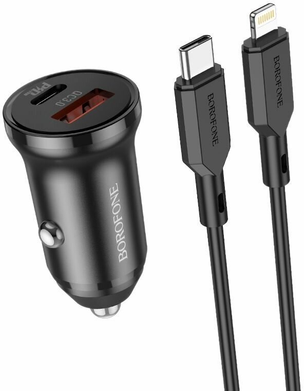 Зарядное устройство автомобильное USB + кабель iOS Lightning - Type-C (PD20W+QC3.0, 3000mA) BOROFONE BZ18A Черное