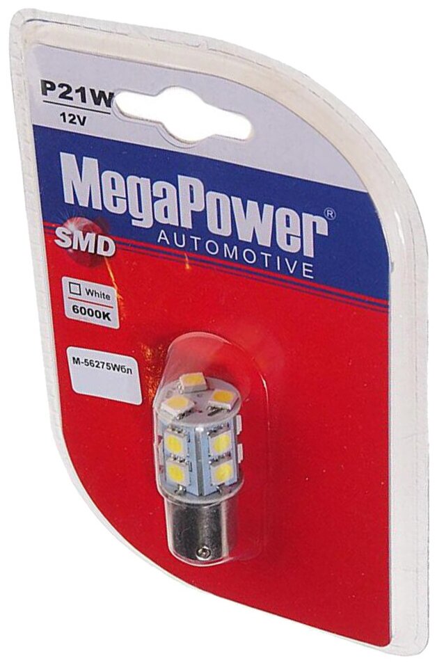 Лампа светодиодная 12V P21W BA15s 6000K 13 светодиодов блистер (1шт.) MEGAPOWER 56275Wбл