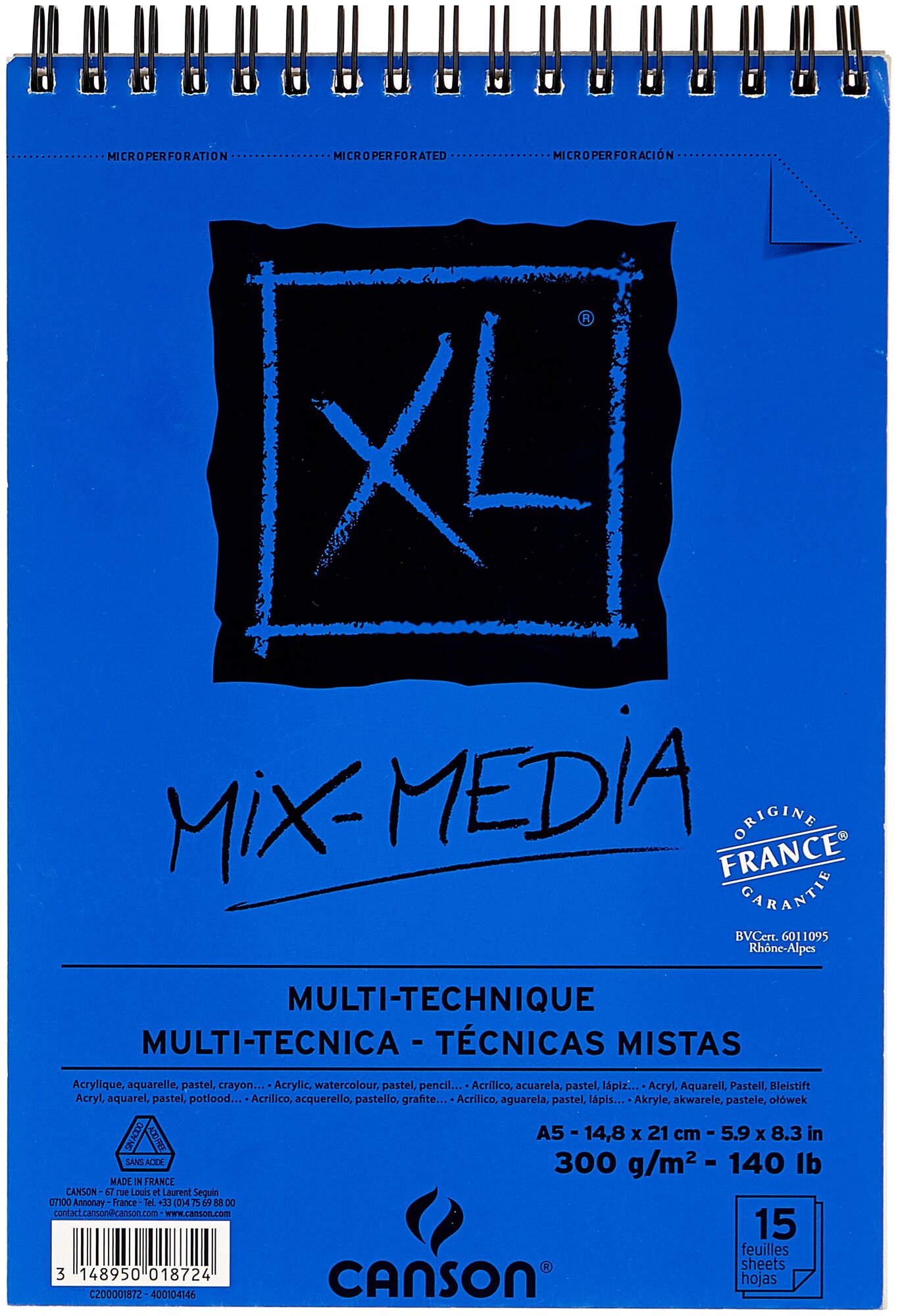 Canson Альбом XL Mix-Media 300гр/м, Среднее зерно, 14,8х21см, 15л