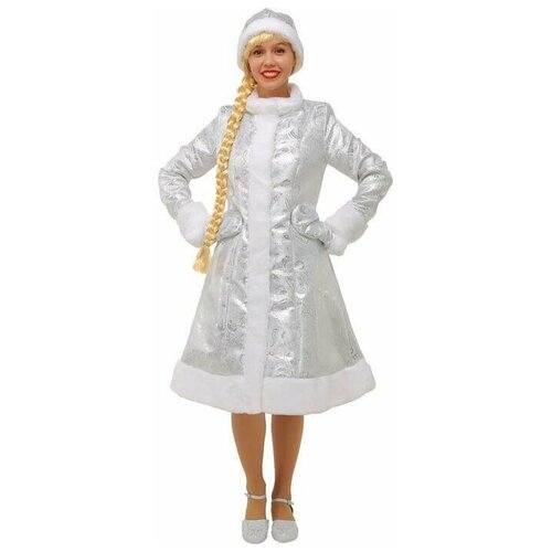 Карнавальный костюм 'Снегурочка', шубка из парчи, шапочка, рукавички, цвет серебристый, р. 50 фигурка snowmen снегурочка 46 см е96411 серебристый