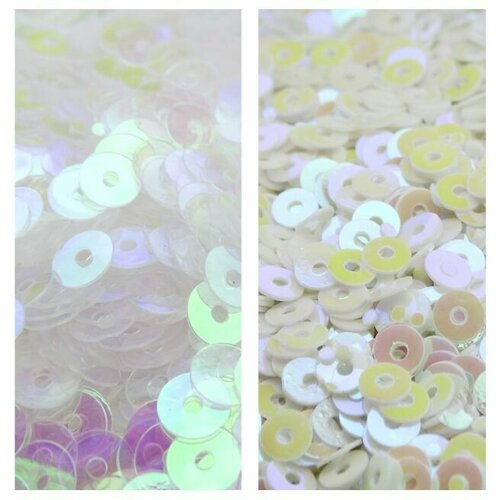 Комплект из двух видов товара: пайетки непрозрачные 3 мм белый 10 гр, пайетки прозрачные 3 мм белый 10 гр. Всего в комплекте 20 гр. товара.