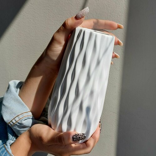 Ваза для цветов керамическая, настольная, для сухоцветов, керамика, для декора, для интерьера, круглая, белая, глянцевая, 20 см