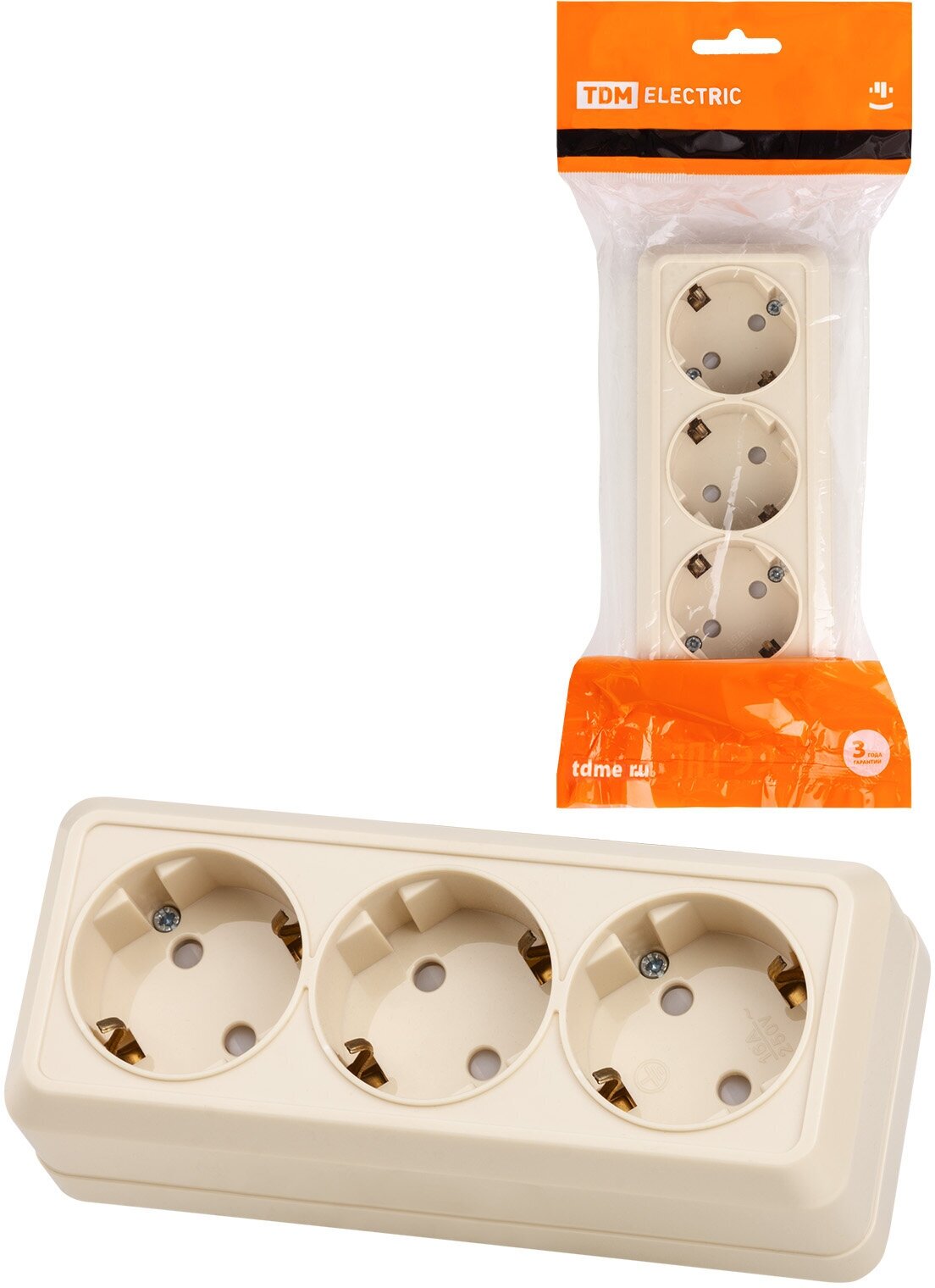 фото Розетка 3-х местная горизонтальная 2П+3 открытой установки IP20 16A с з/ш сл. кость "Ладога" TDM