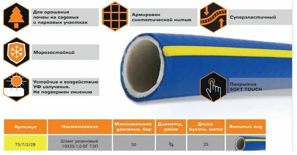 Шланг резиновый армированный Вихрь 19х25-1,0 - ВГ, бухта 25 м (синий с жёлтой полоской) ТЭП, 73/7/2/28