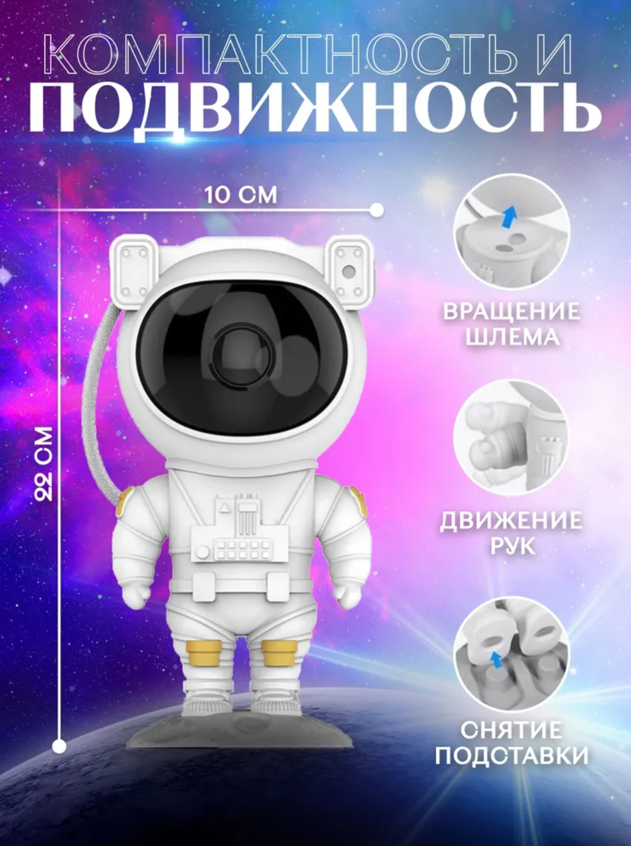 Проектор звездного неба, ночник детский, светильник для сна, космонавт, робот, астронавт белый - фотография № 1