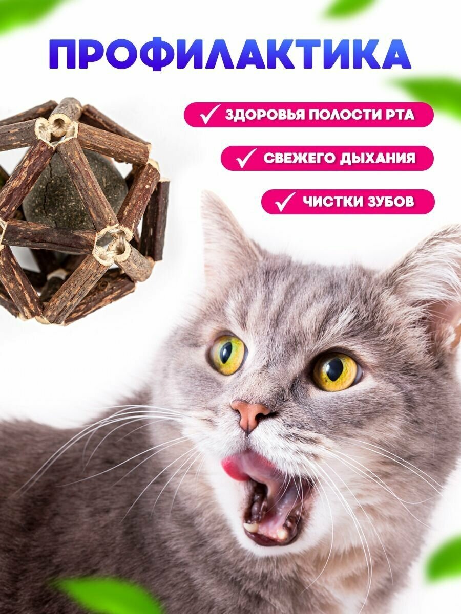 Игрушка лакомство для кошек, шарик из палочек мататаби и кошачьей мяты/ деревянный мячик для котов и котят - фотография № 9