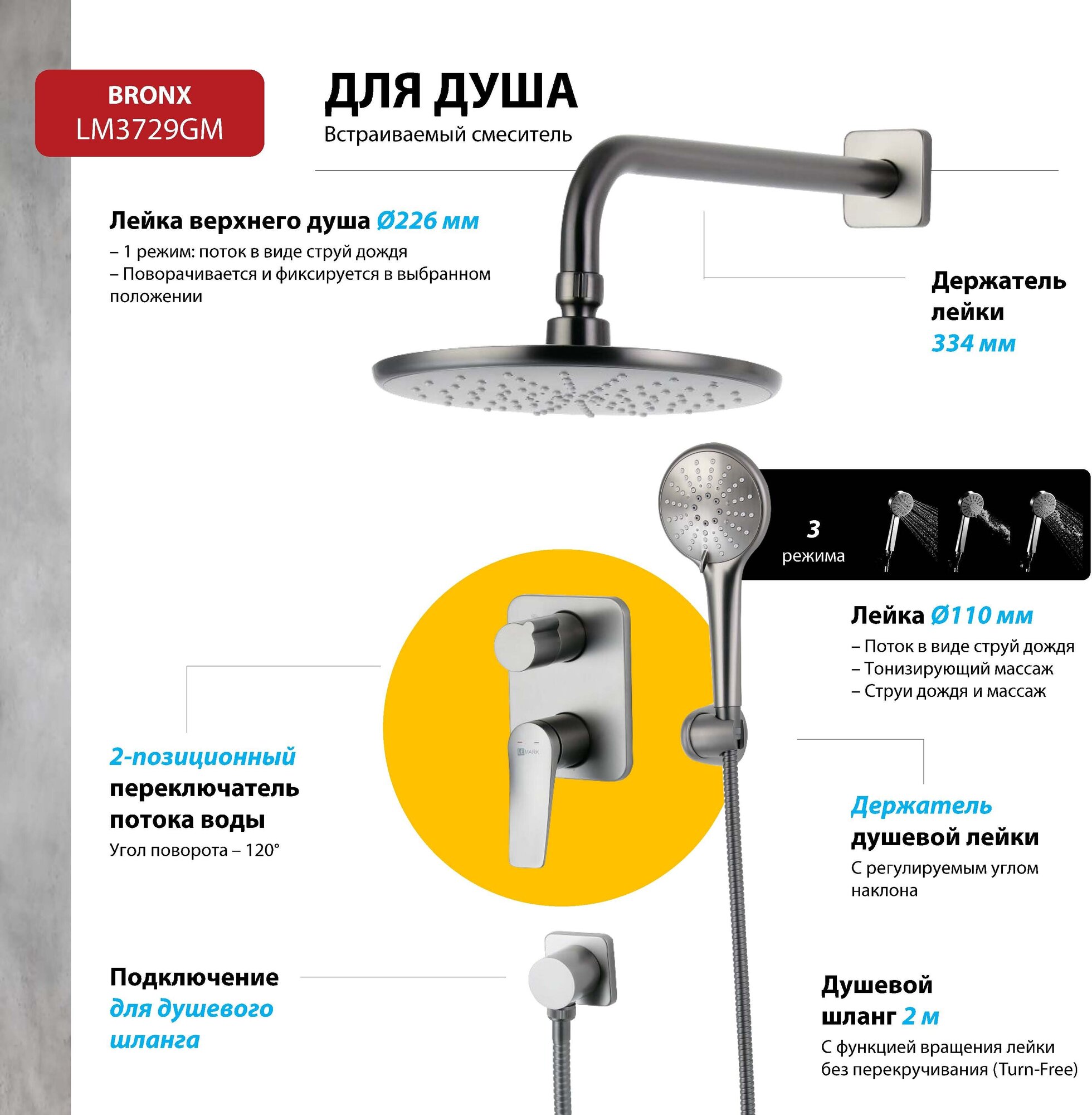 Смеситель Lemark Bronx LM3729GM для ванны и душа, встраиваемый