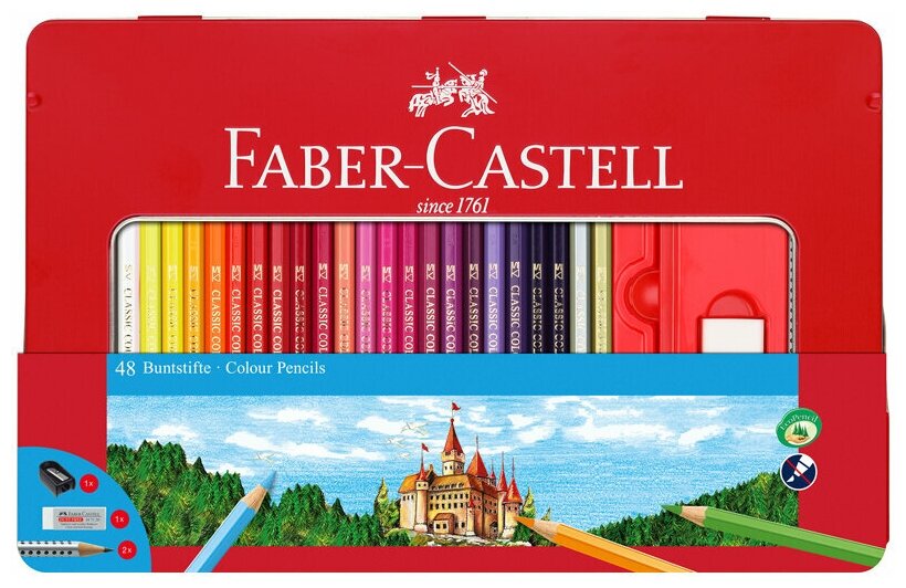 Карандаши цветные Faber-castell , 48 цветов+4, заточен, метал. кор, с ластиком, точилкой