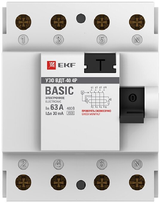 elcb-4-40-30e-sim Устройство защитного отключения УЗО ВД-40 4P 40А/30мА (электронное) Basic EKF - фото №2