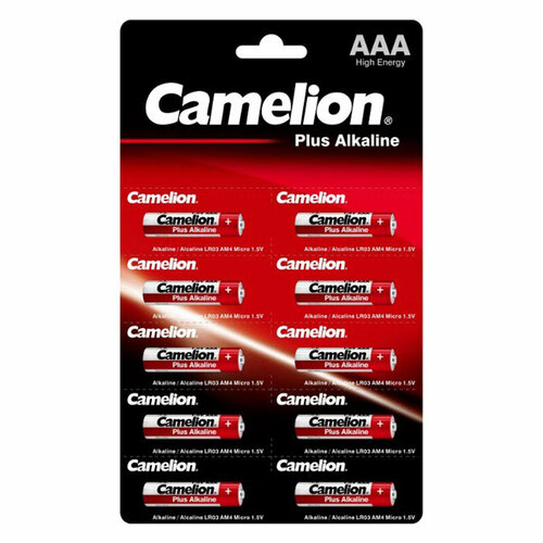 Батарейки алкалиновые (щелочные) CAMELION ALKALINE PLUS 14136, LR03, ААА, 1.5В, 1150 мАч, упаковка 10шт батарейки camelion lr03 plus alkaline bl2 24шт