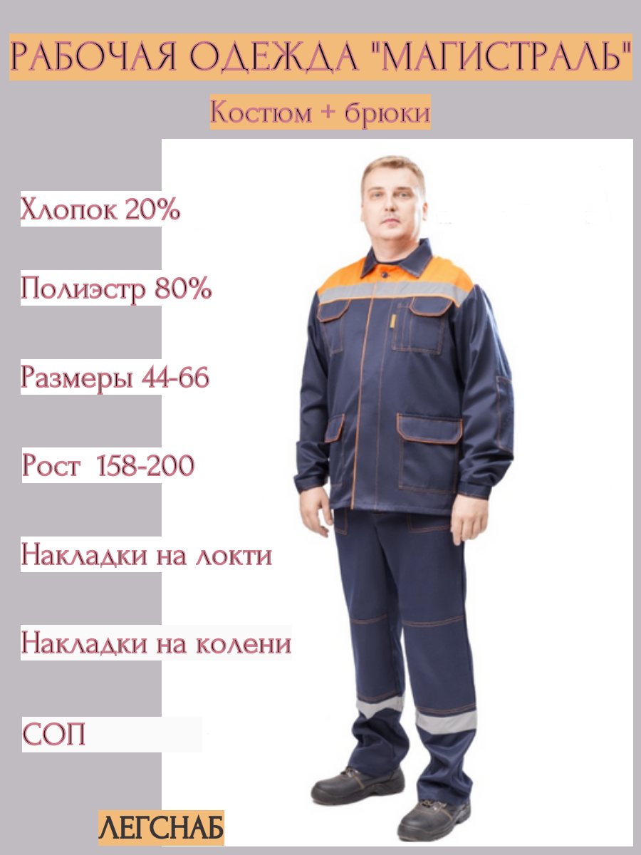 Рабочая одежда/ Спецодежда мужская/ Рабочий костюм "Магистраль" (Л-109)(20хл/80пэ, куртка+брюки), размер: 52-54/194-200