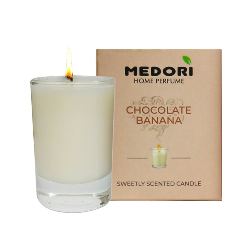 Свеча ароматическая для дома Medori Chocolate & Banana парфюмированная, декоративная с запахом в стеклянном стакане, из соевого воска для украшения интерьера