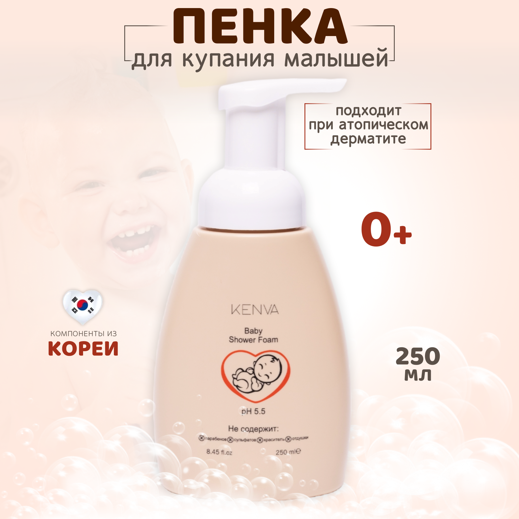 Детская пенка для купания KENVA шампунь и гель для душа 250 ml