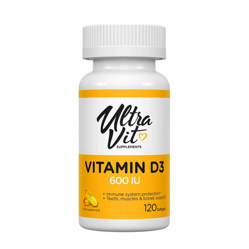 Витамин Д3, Холекальциферол, 600 IU (15 мкг.) UltraVit Vitamin D3 120 капсул / Способствует здоровью костей, мозга и иммунной функции