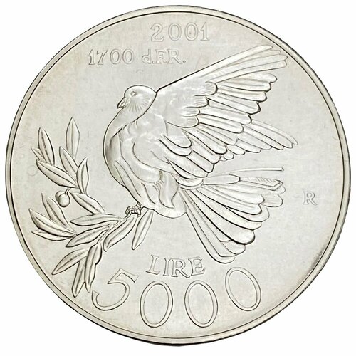 Сан-Марино 5000 лир 2001 г. (1700-летие основания Сан-Марино - Мир) клуб нумизмат монета 5000 лир сан марино 2001 года серебро голубь мира