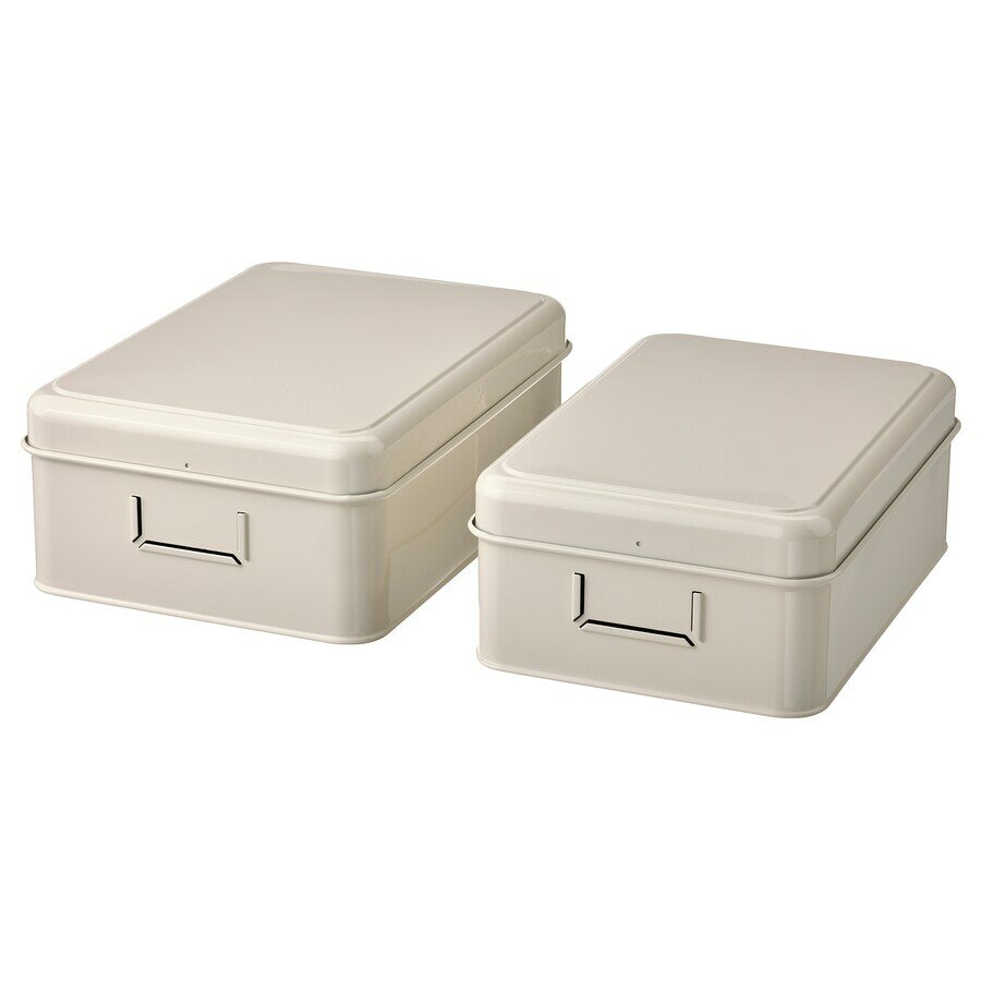 Ящик для хранения с крышкой IKEA PLOGFÅRA набор из 2, светло-бежевый, уценка