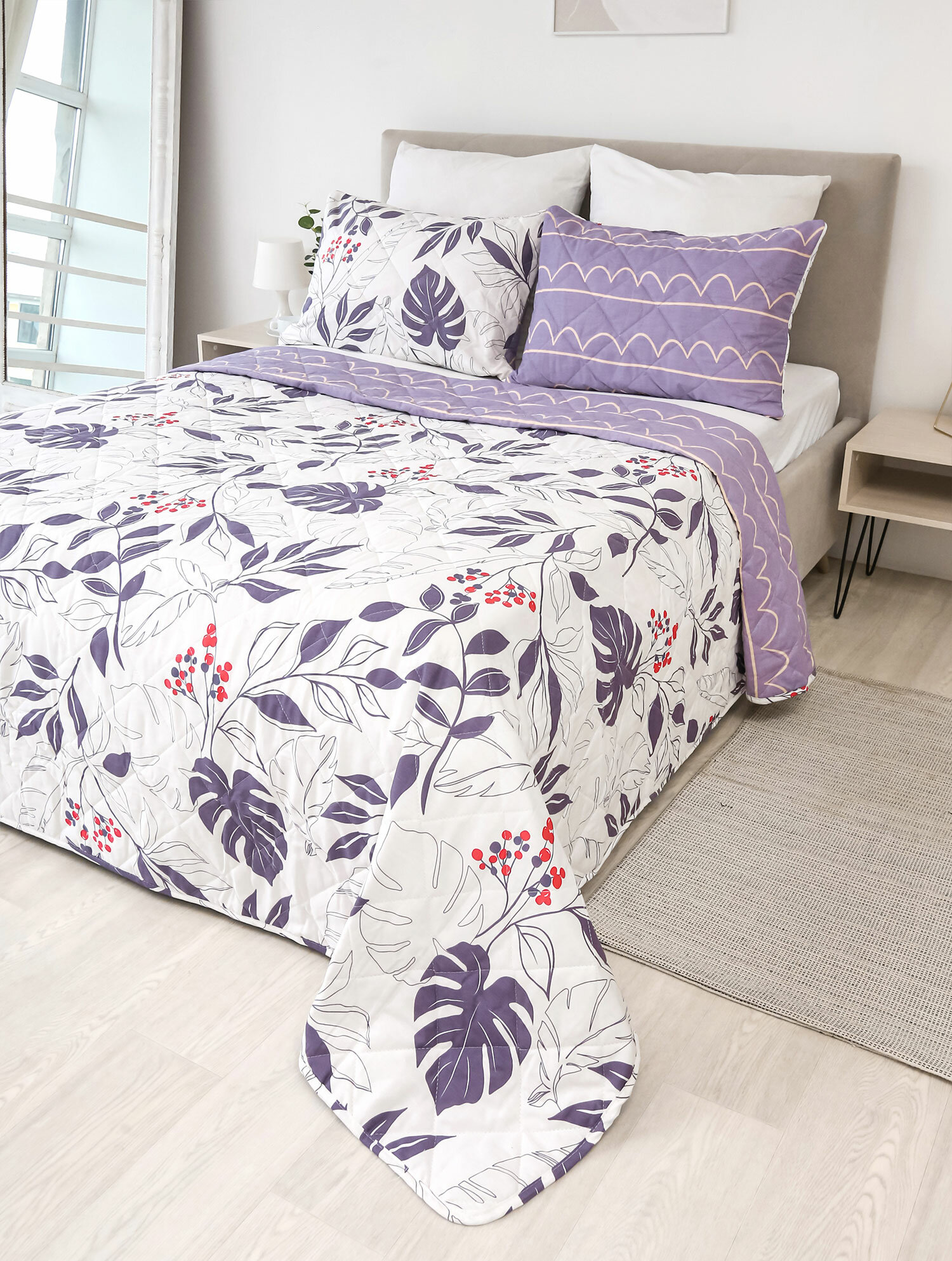 фото Двухстороннее стеганное покрывало из сатина SB-001 Elintale (кремовый-сиреневый), 200x215