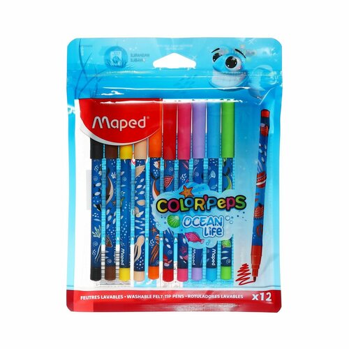 Фломастеры 12 цветов Maped COLOR'PEPS OCEAN LIFE, суперсмываемые, декорированные, европодвес фломастеры 12 цветов maped color peps ocean life суперсмываемые декорированные европодвес