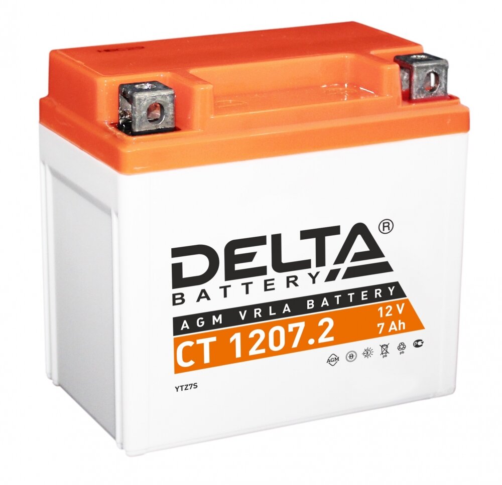 Аккумулятор для мотоцикла и скутера Delta CT1207.2 12V 7 А/ч 130 А обр. пол. залит/заряжен YTZ7S (114х70х108) AGM