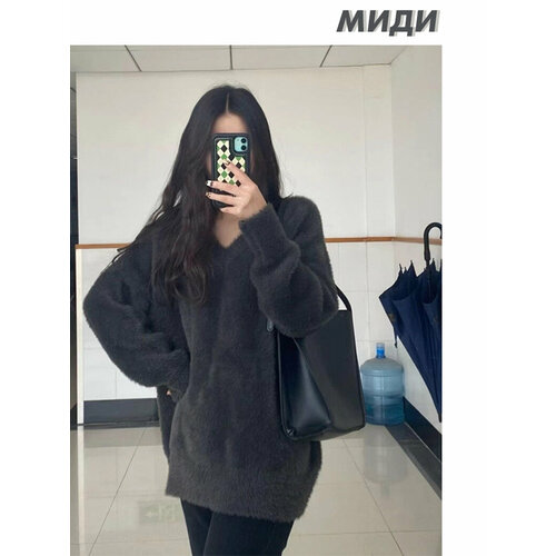 Свитер МиДи, короткий рукав, оверсайз, вязаный, размер S, черный