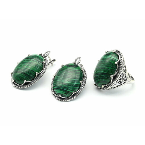 фото Комплект бижутерии: серьги, кольцо, малахит синтетический, размер кольца 17, зеленый кольцо серьги малахит имитация размер 17