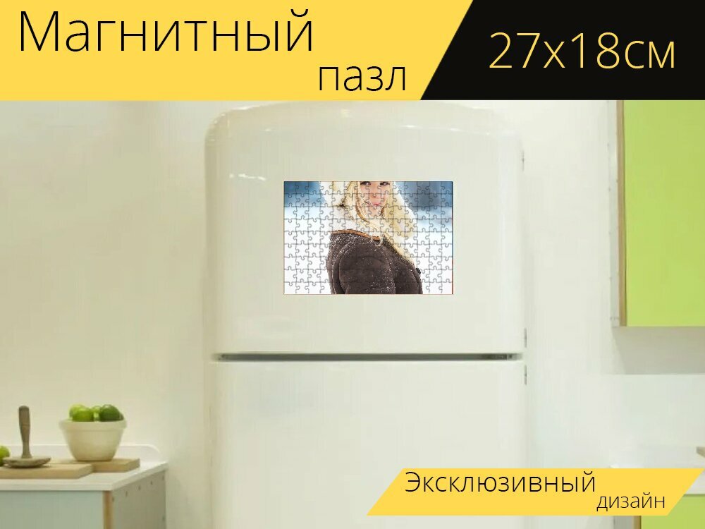 Магнитный пазл "Женщина, зима, мода" на холодильник 27 x 18 см.