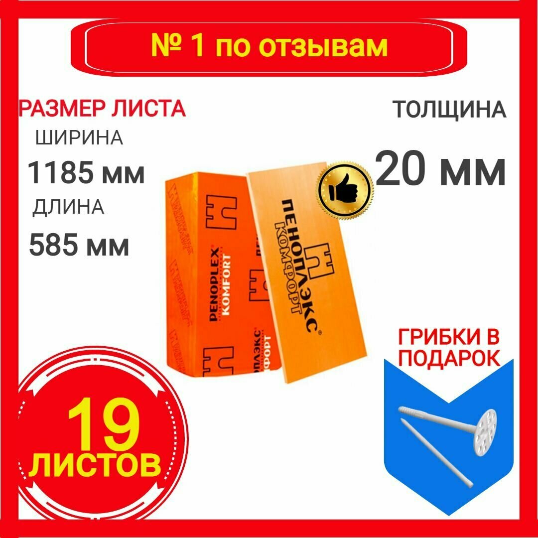Пеноплэкс 20мм комфорт 20х585х1185 (19 плит) 13,11 м2 универсальный утеплитель из экструзионного пенополистирола