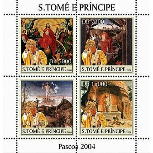 Почтовые марки Сан-Томе и Принсипи 2004г. "Динозавры и минералы - Пахицефалозавр, Сподумен и Кунцит - люкс блоки" Пасха, Папа римский, Религия MNH