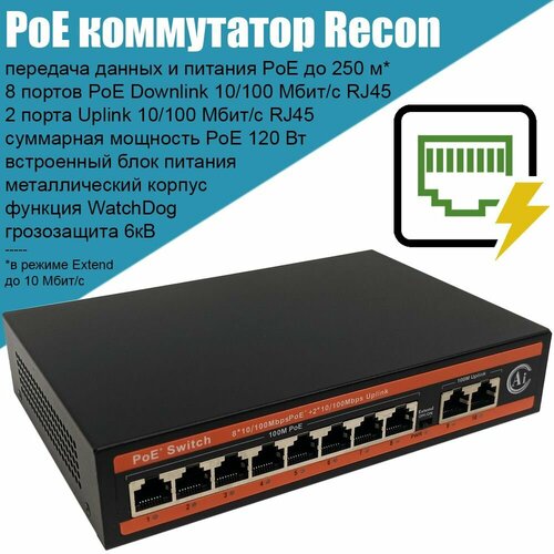 Коммутатор PoE Recon RN-F0802WD 8 портов PoE 100 Мбитс 2 порта Uplink 100 Мбитс бюджет PoE 120 Вт для питания IP камер видеонаблюдения точек доступа 659000₽