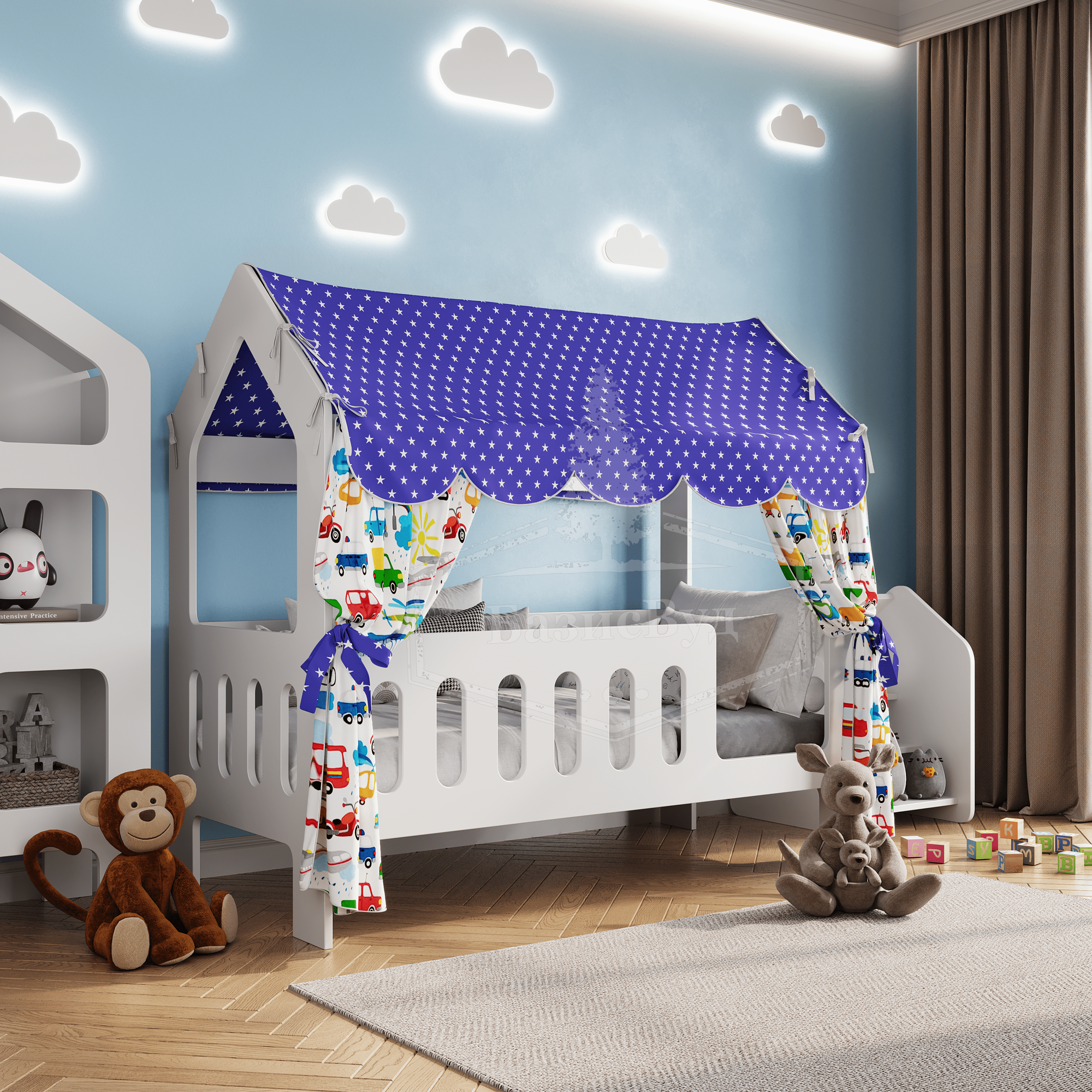 Кровать детская домик с текстилем (синий, с машинками, вход справа) "Классик"