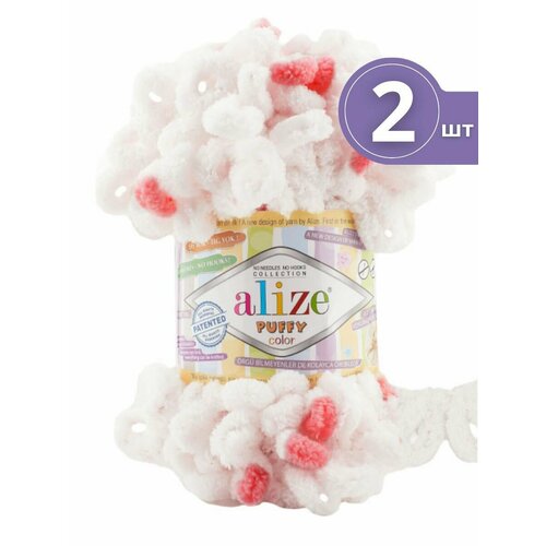 Плюшевая пряжа Alize Puffy Color (Ализе Пуффи Колор) - 2 мотка 6490 Белый /розовый Микрополиэстер - 100% 100г/9м