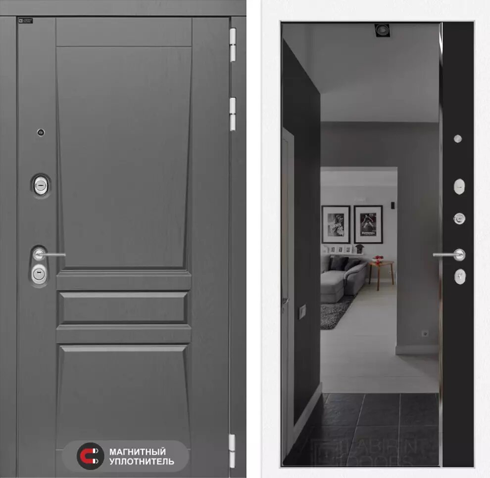 фото Входная дверь PLATINUM с внутренней панелью зеркало панорама, цвет черный кварц, размер по коробке 960х2050, правая