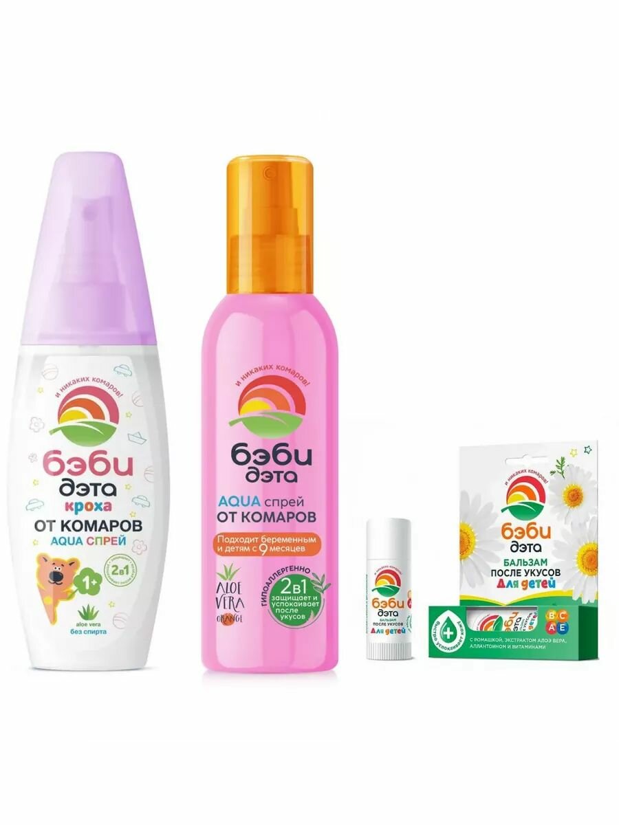 Дэта Набор средств от насекомых Спрей Baby Aqua 2в1 - 100 мл Бальзам-карандаш детский после укусов насекомых - 10 мл Спрей гипоалергенный для детей с 9 месяцев и беременных - 100 мл