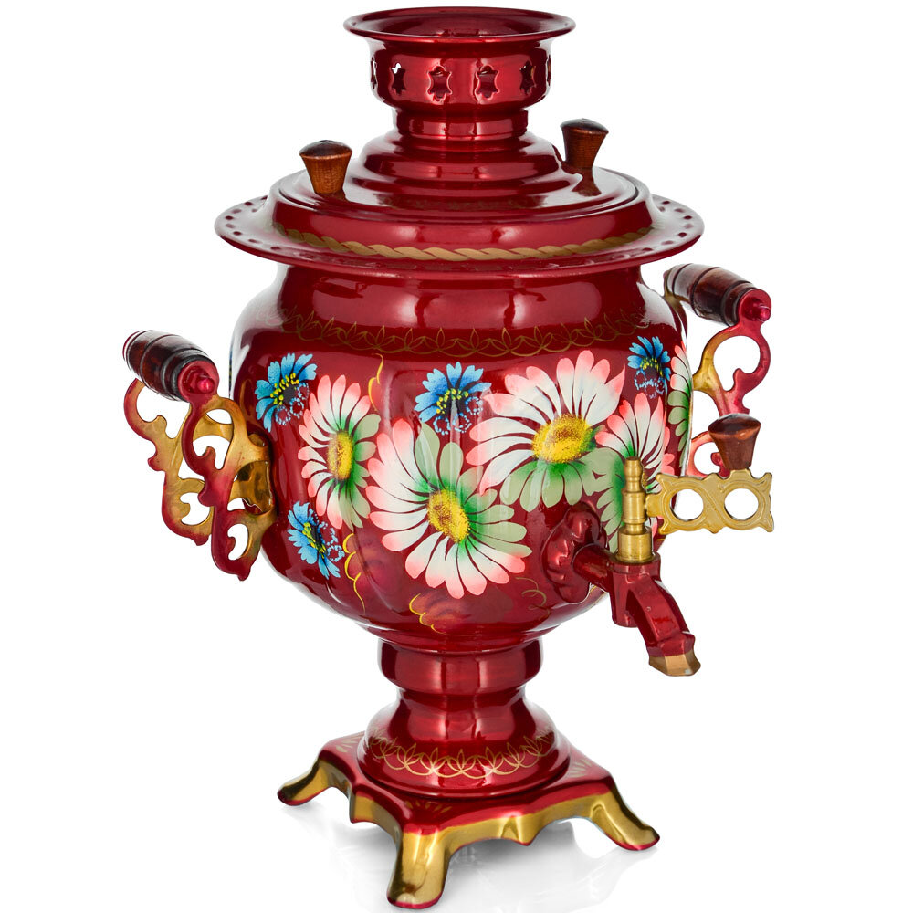 фото Самовар электрический 3 литра с художественной росписью «Букет на красном» формы «Овал»